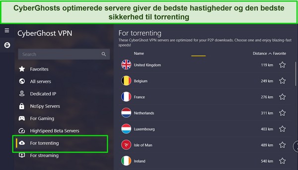 Sk&aelig;rmbillede af CyberGhosts Windows-app med torrent-serverlisten fremh&aelig;vet.