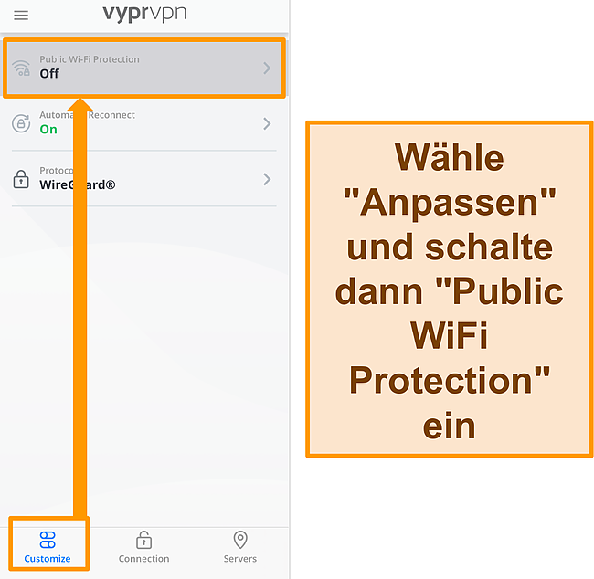 Screenshot der &ouml;ffentlichen WLAN-Schutzeinstellung von VyprVPN.