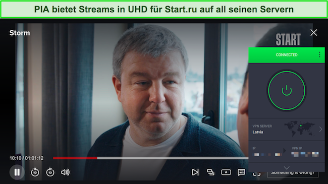 Screenshot des privaten Internetzugangs, der Start.ru entsperrt, w&auml;hrend eine Verbindung zu einem Server in Lettland besteht