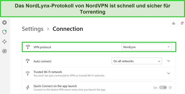 Screenshot der Windows-App von NordVPN, der das ausgew&auml;hlte NordLynx-Protokoll zeigt