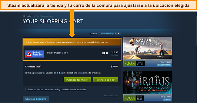 Captura de pantalla del panel de Steam con la moneda y el carrito actualizados para que coincida con la nueva ubicaci&oacute;n elegida.