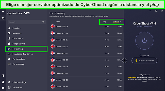 Captura de pantalla de los servidores de juegos dedicados de CyberGhost con opciones de clasificaci&oacute;n de ping y distancia resaltadas.