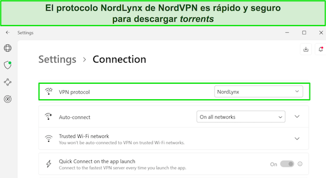 Captura de pantalla de la aplicaci&oacute;n de Windows de NordVPN que muestra el protocolo NordLynx seleccionado