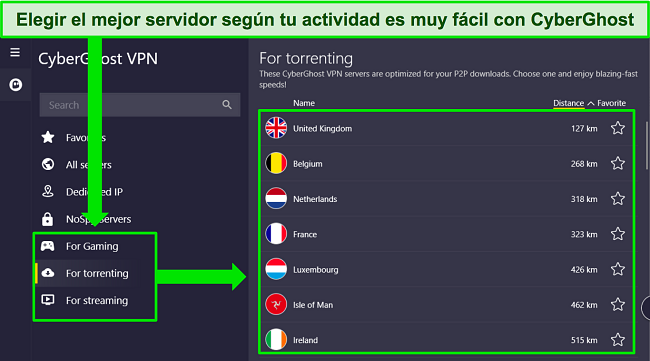 Captura de pantalla de la aplicaci&oacute;n de Windows de CyberGhost, destacando su selecci&oacute;n de servidores optimizados.