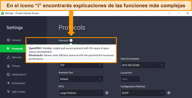 Captura de pantalla de la aplicaci&oacute;n de Windows de PIA en el men&uacute; Protocolos, que muestra una explicaci&oacute;n detallada de una funci&oacute;n al pasar el cursor sobre el icono de informaci&oacute;n "i".