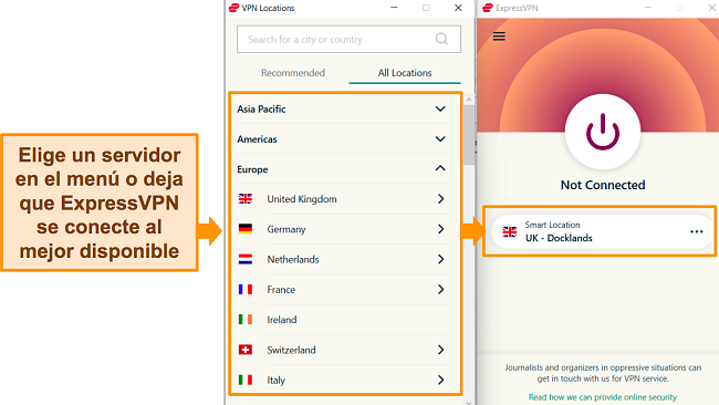 Captura de pantalla que muestra la aplicaci&oacute;n de Windows de ExpressVPN y el men&uacute; del servidor disponible.
