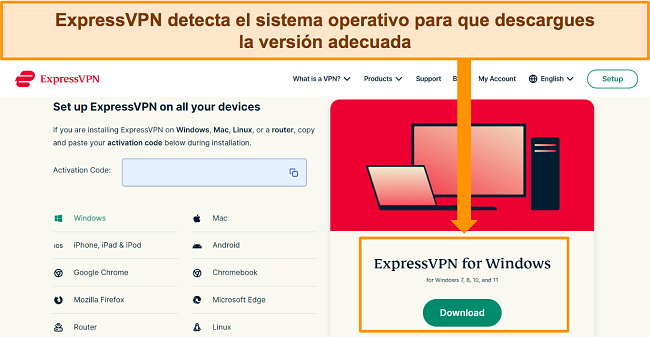 Captura de pantalla de la p&aacute;gina de descarga de software de ExpressVPN en su sitio web.