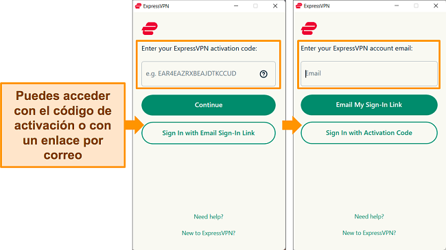 Capturas de pantalla de la aplicaci&oacute;n de Windows de ExpressVPN que muestran los m&eacute;todos en los que un usuario puede iniciar sesi&oacute;n en la aplicaci&oacute;n.