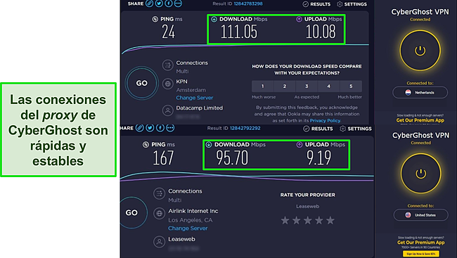 Capturas de pantalla de las pruebas de velocidad de Ookla con la extensi&oacute;n de Chrome de CyberGhost conectada a servidores en los Pa&iacute;ses Bajos y EE. UU.