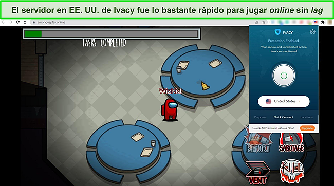 Captura de pantalla de la extensi&oacute;n Chrome de Ivacy conectada al servidor gratuito de EE. UU., con Among Us en l&iacute;nea de fondo.