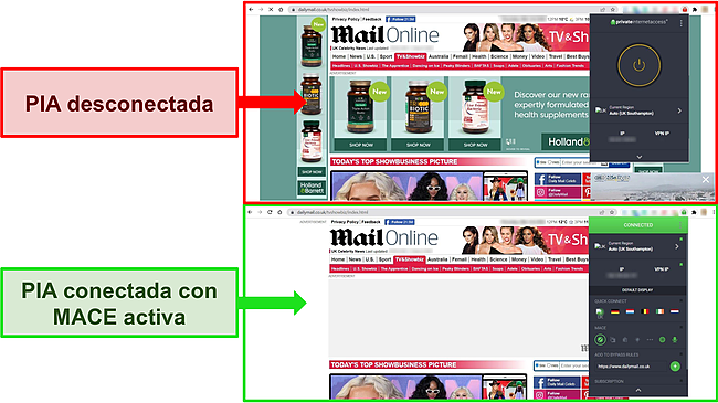 Capturas de pantalla del sitio web de Mail Online con PIA conectado y desconectado para mostrar que la funci&oacute;n de bloqueo de anuncios MACE funciona de manera efectiva.