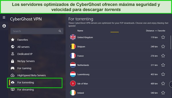 Captura de pantalla de la aplicaci&oacute;n CyberGhost para Windows con la lista de servidores de torrents resaltada.