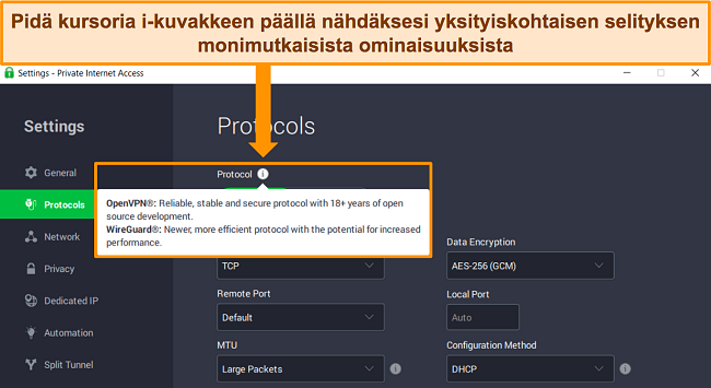 Kuvakaappaus PIA:n Windows-sovelluksesta Protokollat-valikossa, jossa n&auml;kyy yksityiskohtainen selitys ominaisuudesta, kun hiiren osoitin pidet&auml;&auml;n "i"-tietokuvakkeen p&auml;&auml;ll&auml;.