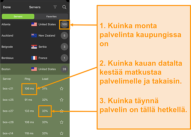 N&auml;ytt&ouml;kuva IPVanish-palvelinluettelosta, jossa palvelinnumerot, ping ja palvelinkuorma on korostettu