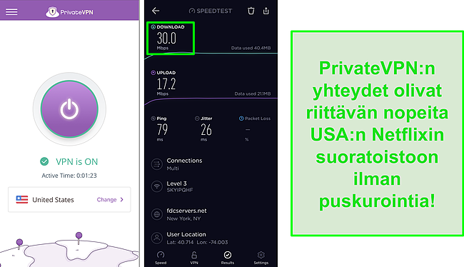 N&auml;ytt&ouml;kuva Yhdysvaltain palvelimeen yhdistetyst&auml; PrivateVPN: st&auml; ja Ooklan nopeustesti