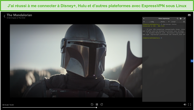 Capture d'&eacute;cran d'ExpressVPN sous Linux d&eacute;bloquant The Mandalorian de Disney + US.