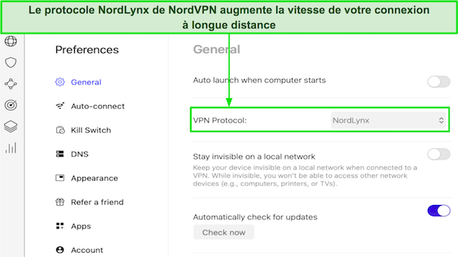 Capture d'&eacute;cran montrant o&ugrave; choisir l'option de protocole NordLynx dans les param&egrave;tres de l'application Mac de NordVPN