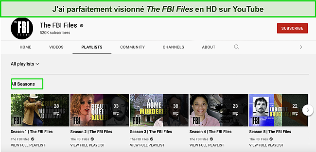 Capture d'écran de la chaîne et de la playlist