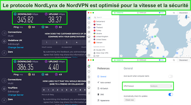 Capture d'&eacute;cran des r&eacute;sultats des tests de vitesse de NordVPN montrant les vitesses plus rapides de NordLynx sur le serveur d'&Eacute;dimbourg