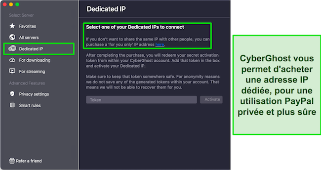Capture d'&eacute;cran montrant l'emplacement de l'option IP d&eacute;di&eacute;e dans les param&egrave;tres de l'application macOS de CyberGhost