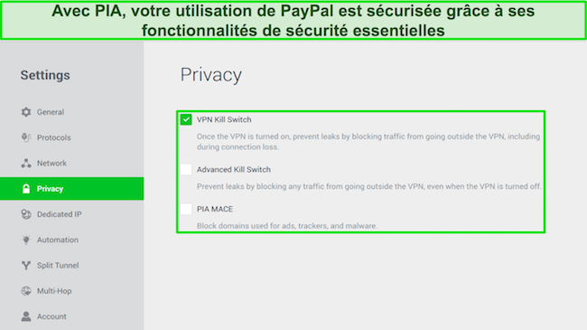 Capture d'&eacute;cran du menu Param&egrave;tres VPN de l'application macOS de PIA