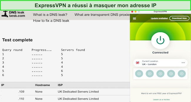 Capture d'&eacute;cran d'ExpressVPN a r&eacute;ussi mon test de fuite IP et DNS alors qu'il &eacute;tait connect&eacute; &agrave; son serveur de Londres