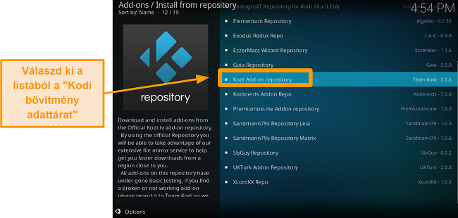 A hivatalos kodi addon telep&iacute;t&eacute;s&eacute;nek k&eacute;pernyők&eacute;pe &ouml;t&ouml;dik l&eacute;p&eacute;s kattintson a Kodi add on repository list&aacute;ra