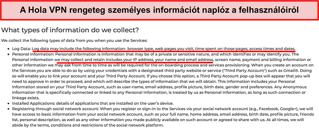 A Hola VPN adatv&eacute;delmi ir&aacute;nyelveinek k&eacute;pernyők&eacute;pe, amely bemutatja, hogy napl&oacute;zza az IP c&iacute;met