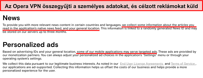 Az Opera VPN adatv&eacute;delmi ir&aacute;nyelveinek k&eacute;pernyők&eacute;pe, amely bemutatja, hogy napl&oacute;zza a felhaszn&aacute;l&oacute;k szem&eacute;lyes adatait, &eacute;s c&eacute;lzott hirdet&eacute;seket k&uuml;ld
