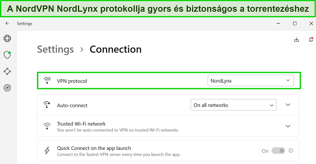 K&eacute;pernyők&eacute;p a NordVPN Windows-alkalmaz&aacute;s&aacute;r&oacute;l, amelyen a kiv&aacute;lasztott NordLynx protokoll l&aacute;that&oacute;