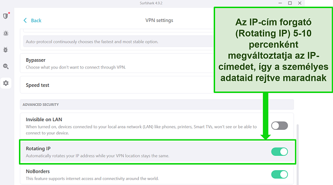 K&eacute;pernyők&eacute;p a Surfshark Windows fel&uuml;let&eacute;ről, amelyen az IP Rotation bekapcsolva l&aacute;that&oacute;