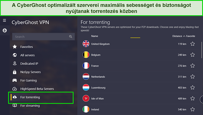 K&eacute;pernyők&eacute;p a CyberGhost Windows alkalmaz&aacute;s&aacute;r&oacute;l, kiemelve a torrentező szerverek list&aacute;j&aacute;t.
