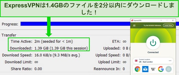 トレント クライアントを使用して英国のサーバーに接続した ExpressVPN のスクリーンショット。1.4GB ファイルのダウンロード時間が 2 分未満であることを示しています。