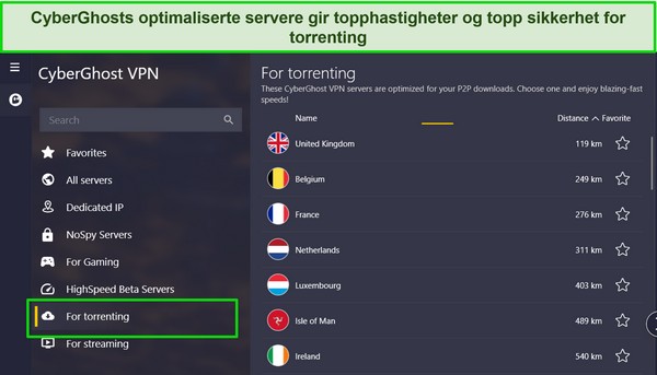 Skjermbilde av CyberGhosts Windows-app med torrent-serverlisten uthevet.
