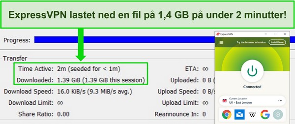 Skjermbilde av ExpressVPN koblet til en britisk server med en torrentklient som viser en nedlastingstid på mindre enn 2 minutter for en 1,4 GB fil.