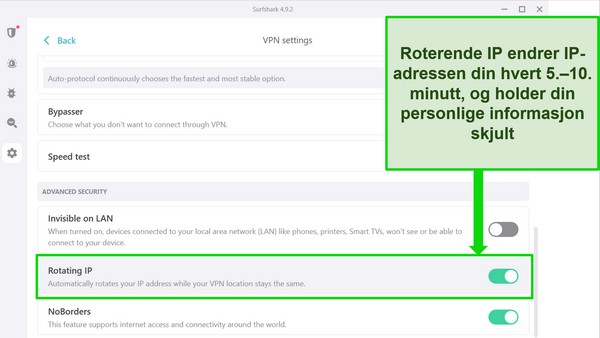 Skjermbilde av Surfsharks Windows-grensesnitt som viser IP-rotering slått på