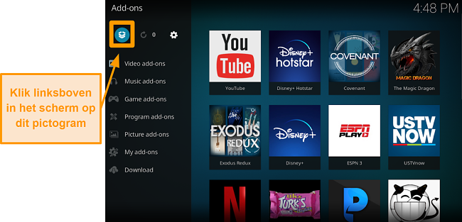 screenshot van het installeren van de offici&euml;le Kodi-add-on stap drie klik op het vakpictogram