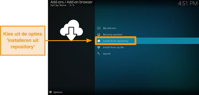 screenshot van hoe je de offici&euml;le kodi-add-on installeert, stap vier klik op installeren vanuit repository