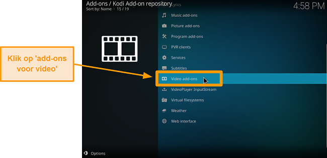 screenshot van het installeren van de offici&euml;le Kodi-add-on stap zes klik op video-add-ons