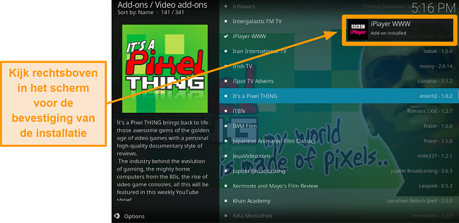 screenshot van het installeren van de offici&euml;le Kodi-add-on stap tien melding zal verschijnen