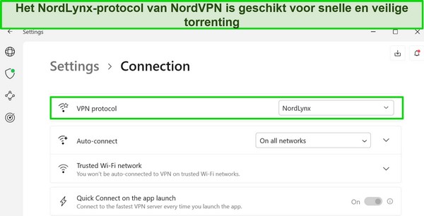 Schermafbeelding van de Windows-app van NordVPN waarin het geselecteerde NordLynx-protocol wordt weergegeven