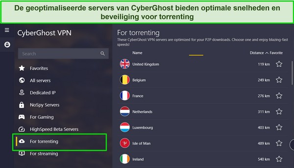 Schermafbeelding van de Windows-app van CyberGhost met de lijst met torrent-servers gemarkeerd.