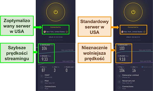 Zrzut ekranu wynik&oacute;w testu prędkości CyberGhost po podłączeniu do zoptymalizowanego serwera i standardowego serwera.