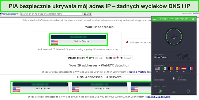 Zrzut ekranu wynik&oacute;w testu szczelności IP z PIA podłączonym do serwera w USA.