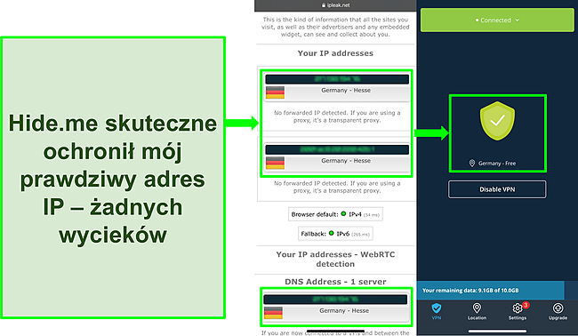 Zrzut ekranu przedstawiający brak wyciek&oacute;w adres&oacute;w IP lub DNS w połączeniu VPN hide.me.