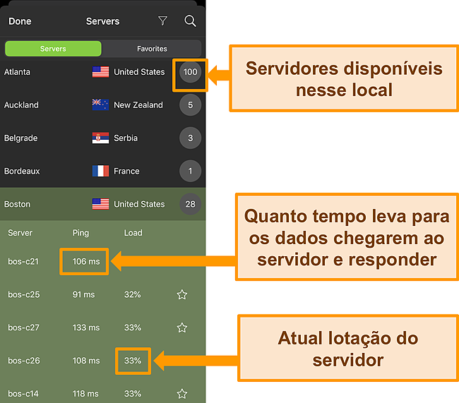 Captura de tela do aplicativo IPVanish iOS com informa&ccedil;&otilde;es do servidor em destaque.