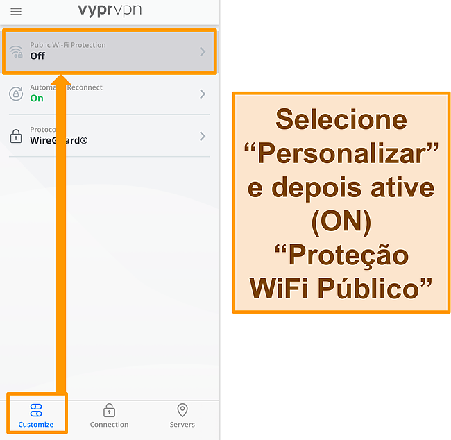 Captura de tela da configura&ccedil;&atilde;o de Prote&ccedil;&atilde;o WiFi p&uacute;blica do VyprVPN.