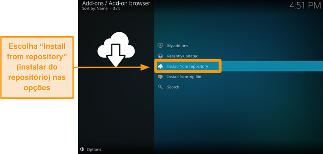 captura de tela de como instalar o complemento oficial do kodi etapa quatro, clique em instalar do reposit&oacute;rio