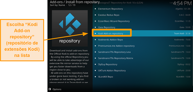 captura de tela de como instalar o complemento oficial do kodi, etapa cinco, clique no complemento do Kodi no reposit&oacute;rio da lista