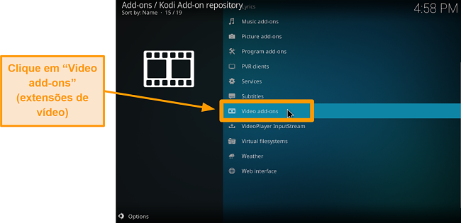 captura de tela de como instalar addons oficiais do kodi addon step six click addons de v&iacute;deo